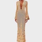 Capri Elegante Vestido Largo de Crochet Con Detalles Brillantes