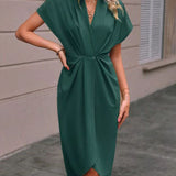 Vestido Midi de Manga Corta para Mujer con Frente Drapado y Abertura Lateral