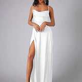 Vestido Maxi de Noche con Tirantes de Espagueti para Mujeres con Alta Rendija