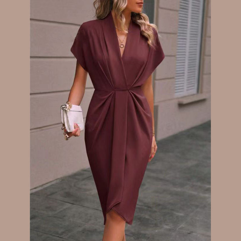 Vestido Midi de Manga Corta para Mujer con Frente Drapado y Abertura Lateral