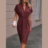 Vestido Midi de Manga Corta para Mujer con Frente Drapado y Abertura Lateral