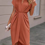Vestido Midi de Manga Corta para Mujer con Frente Drapado y Abertura Lateral