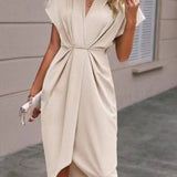Vestido Midi de Manga Corta para Mujer con Frente Drapado y Abertura Lateral