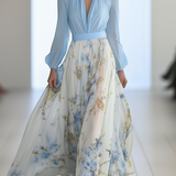 Vestido Maxi de Manga Larga para Mujeres con Escote en V Profundo y Falda Impresa