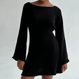 Vestido Mini de Manga Larga para Mujeres con Escote Amplio y Puños Acampanados