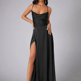 Vestido Maxi de Noche con Tirantes de Espagueti para Mujeres con Alta Rendija