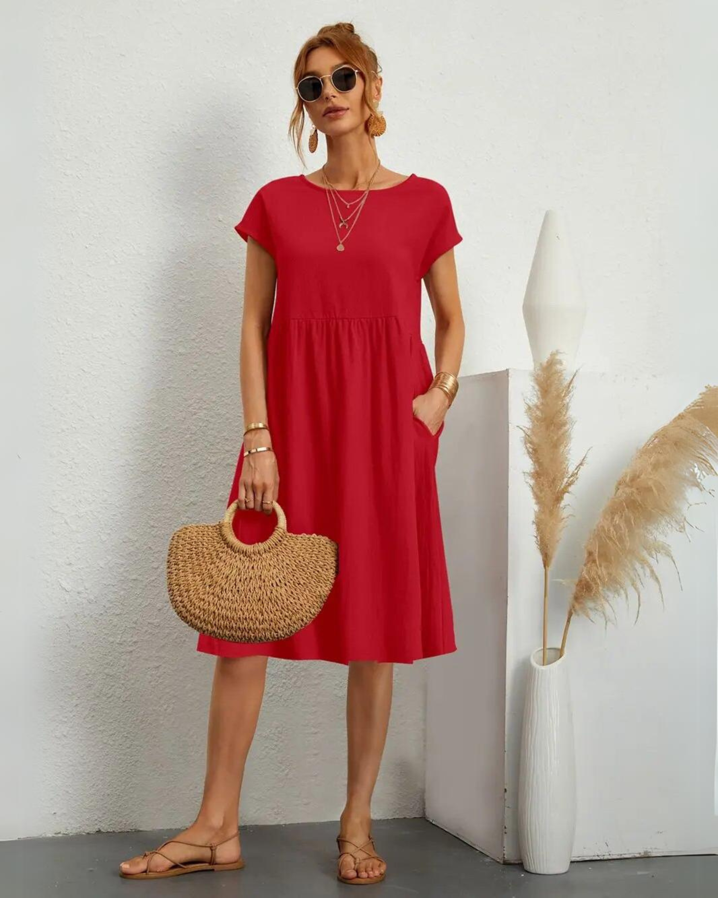 MILLA - VESTIDO CASUAL DE VERANO DE CUELLO REDONDO Y AJUSTE SUELTO
