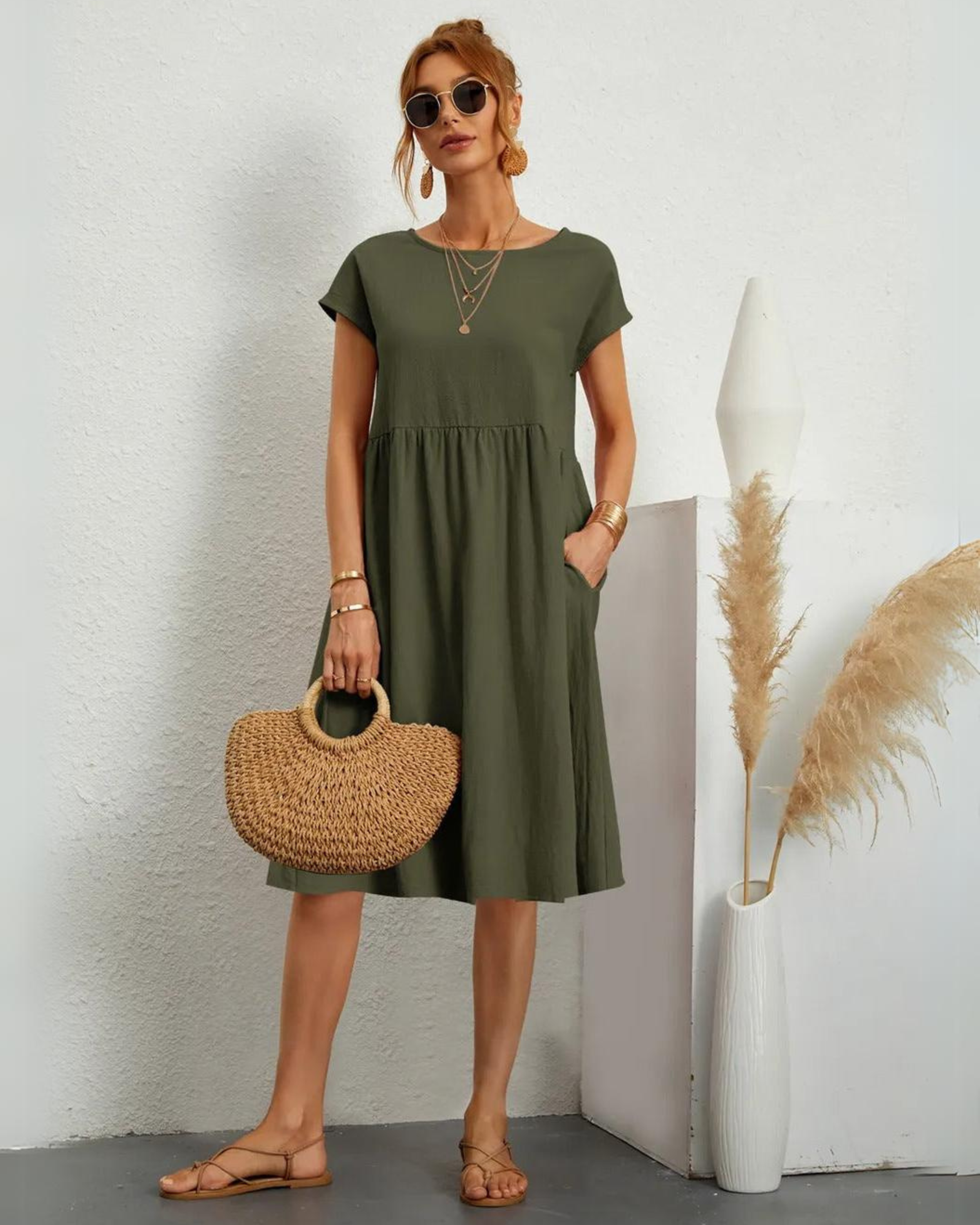 MILLA - VESTIDO CASUAL DE VERANO DE CUELLO REDONDO Y AJUSTE SUELTO