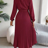 Vestido Midi Plisado de Manga Larga para Mujeres con Cintura con Cinturón