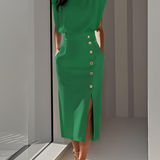 Malene™ | Vestido Midi Sólido con Abertura de Botones y Escote Redondo