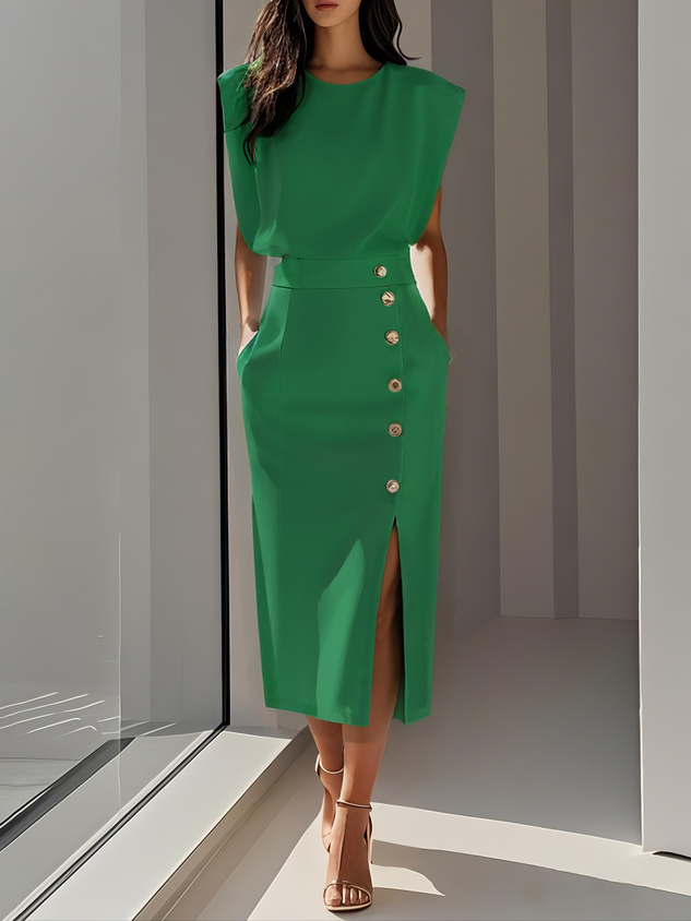 Malene™ | Vestido Midi Sólido con Abertura de Botones y Escote Redondo