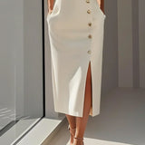 Malene™ | Vestido Midi Sólido con Abertura de Botones y Escote Redondo