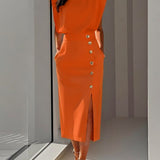 Malene™ | Vestido Midi Sólido con Abertura de Botones y Escote Redondo