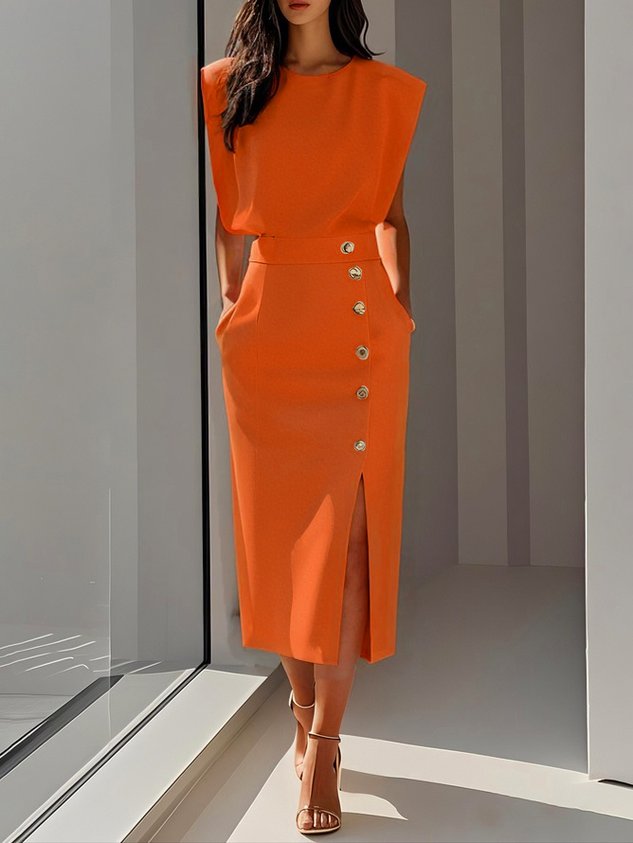 Malene™ | Vestido Midi Sólido con Abertura de Botones y Escote Redondo