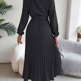 Vestido Midi Plisado de Manga Larga para Mujeres con Cintura con Cinturón