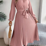 Vestido Midi Plisado de Manga Larga para Mujeres con Cintura con Cinturón