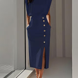 Malene™ | Vestido Midi Sólido con Abertura de Botones y Escote Redondo