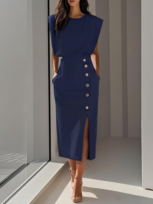 Malene™ | Vestido Midi Sólido con Abertura de Botones y Escote Redondo