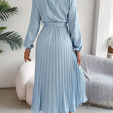 Vestido Midi Plisado de Manga Larga para Mujeres con Cintura con Cinturón