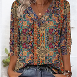 Blusa Retro Estampada V-Cuello