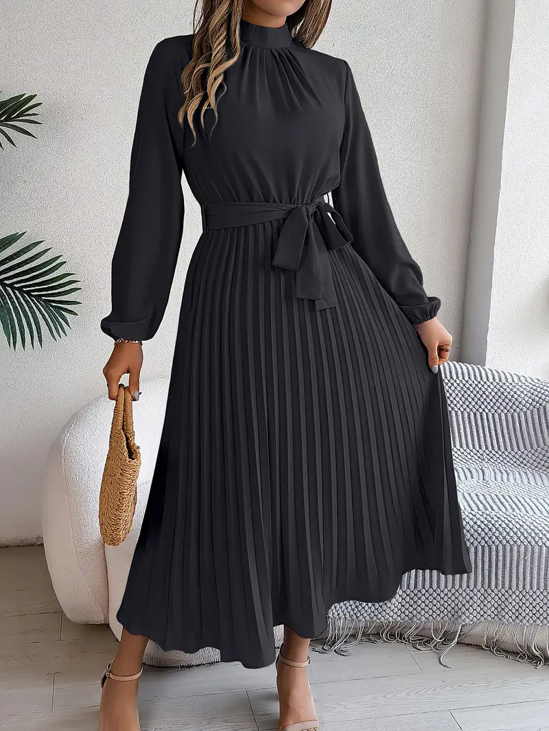 Vestido Midi Plisado de Manga Larga para Mujeres con Cintura con Cinturón