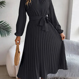 Vestido Midi Plisado de Manga Larga para Mujeres con Cintura con Cinturón