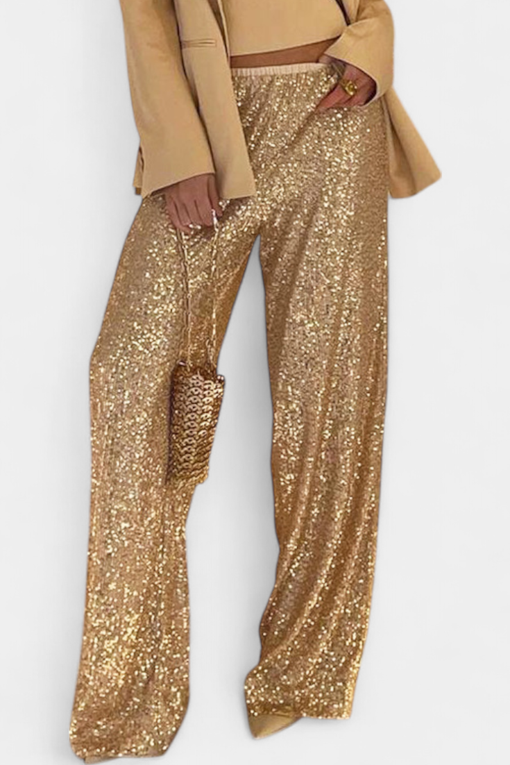 Elva Pantalones de Lentejuelas de Cintura Alta y Corte Holgado