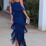 Vestido de flecos elegante Maya con hombros al aire