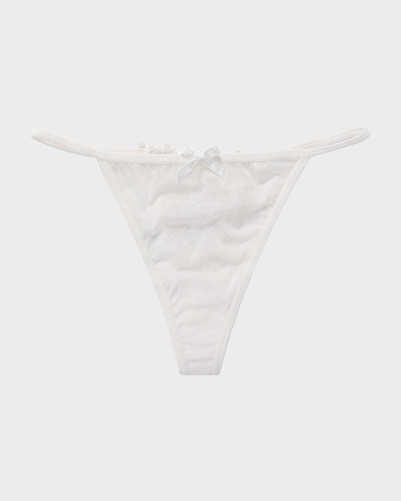 Tanga en V de malla con acabado de encaje
