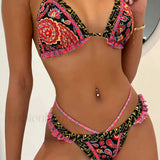 Conjunto de bikini halter estampado con volantes