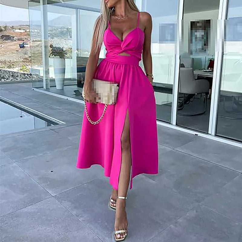 Célestine - Vestido Midi con Tirantes de Espagueti y Alta Abertura