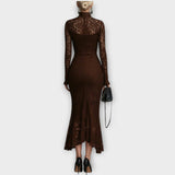 Vestido Midi Elegante de Encaje con Cuello Alto