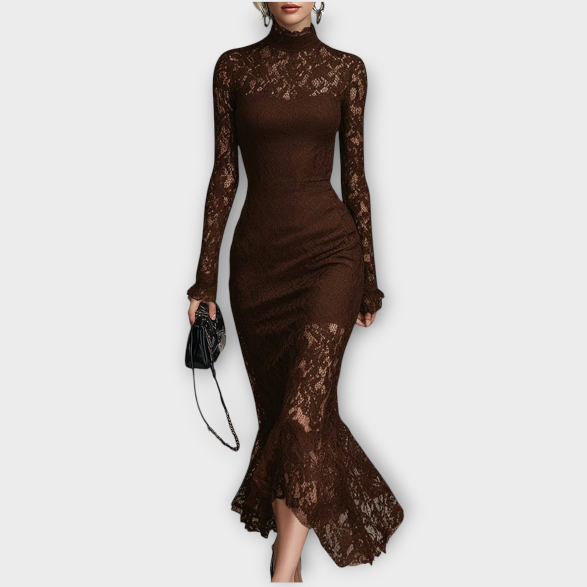Vestido Midi Elegante de Encaje con Cuello Alto