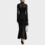 Vestido Midi Elegante de Encaje con Cuello Alto