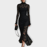 Vestido Midi Elegante de Encaje con Cuello Alto