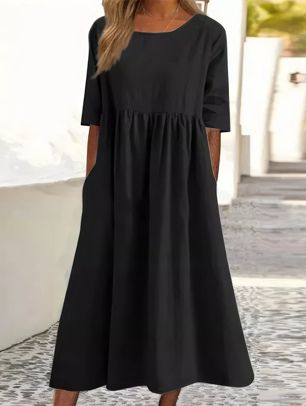 Maikee - Vestido de algodón con escote redondo y bolsillos