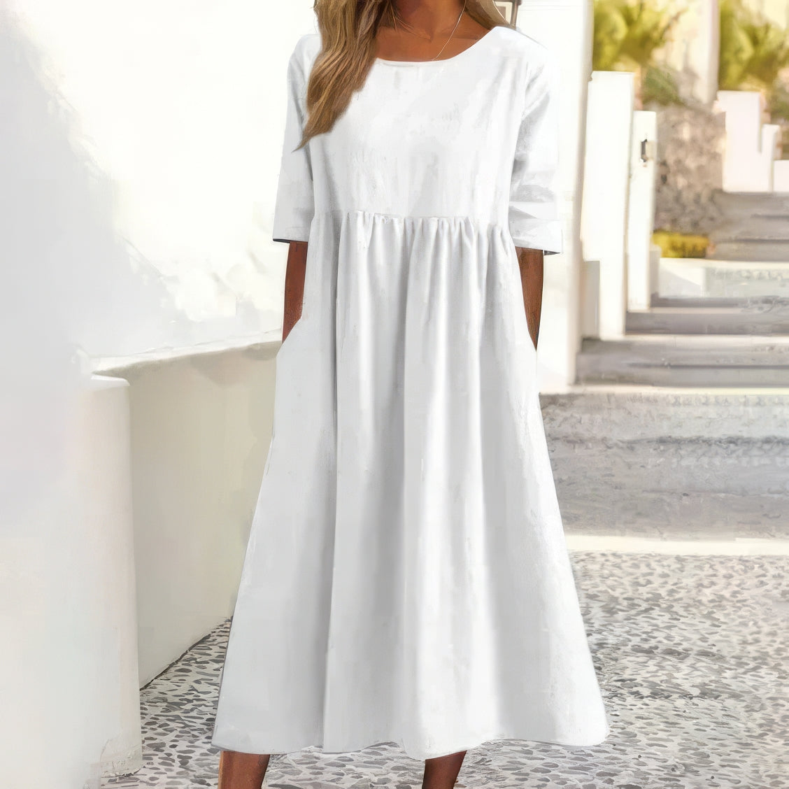 Maikee - Vestido de algodón con escote redondo y bolsillos